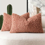 Foindtower Set of 2 Curly Teddy Wool Pillow Covers Decorative Boucle Textured Lumbar Throw Pillow Faux Fur Sherpa Pillowcases Sheepskin Fuzzy Cushion Case for Sofa Bedroom Car 12"x20" Dusty Pink