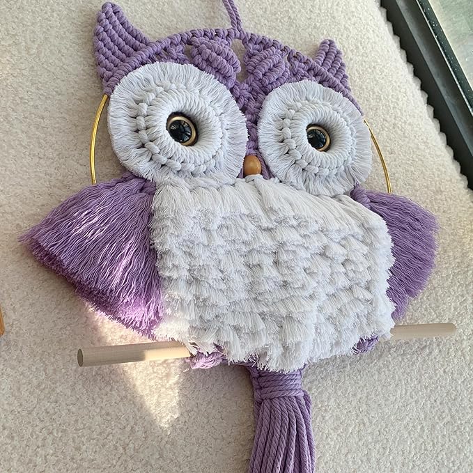 Macrame Owl Wall Hanging Boho Hippy Decor, Handmade Tapestry Fiber Art Wall Decor for Nursery Bedroom Living Room, Sustainable Gift for Owl Lovers & Nature Fans