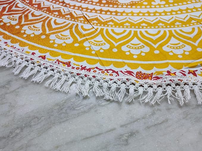 Round Beach Tapestry Turquoise Mandala Throw/Boho Hippie Beach Blanket Roundie/Indian Cotton Bohemian Large Round Table Cloth-Home Decor/Yoga Mat Meditation Picnic Rug (70", Yellow-Orange)