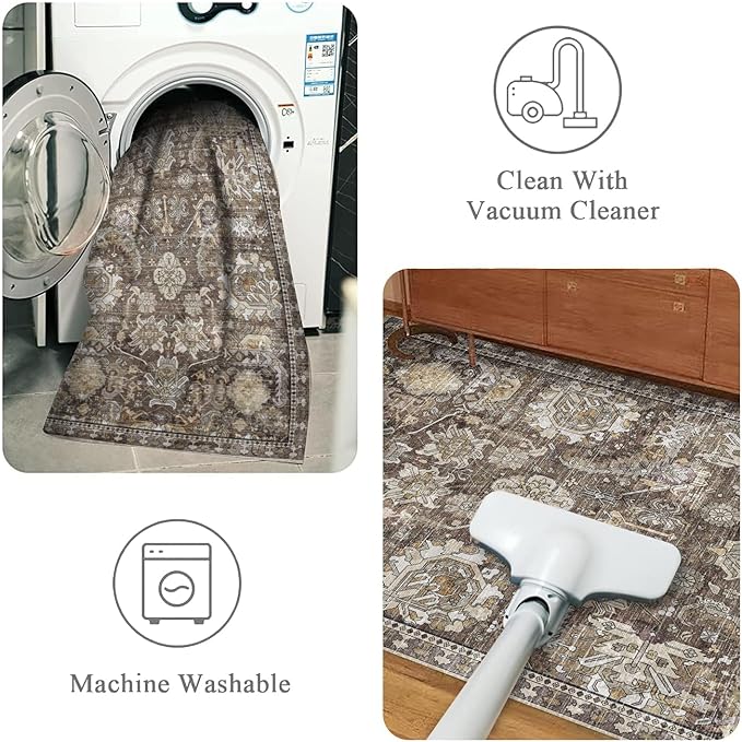 RUGSURE Washable Area Rugs - Perfect for Living Room, Bedroom, Kids Room, Nursery - Stain & Water Resistant Non-Slip, Pet & Child Friendly, Vintage Tribal Area Rugs (Ivory, 3' x 5 ')