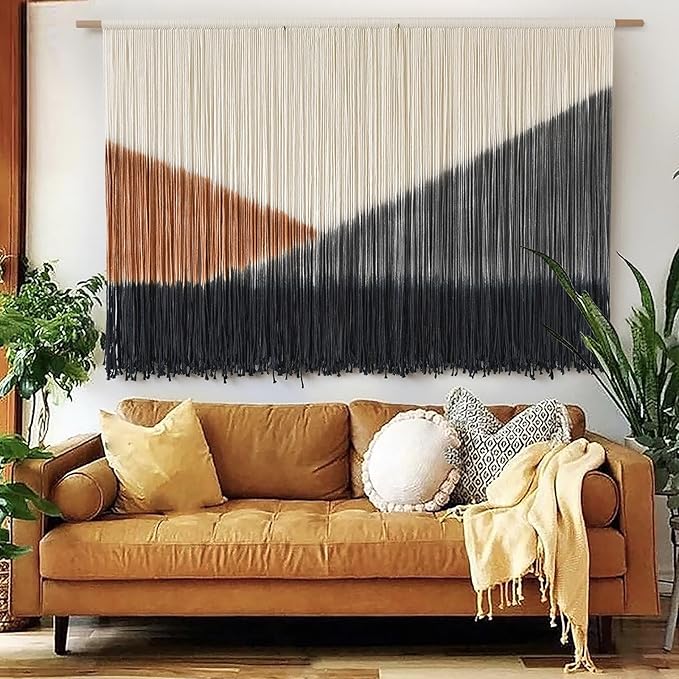 Macrame Wall Hanging Black Large Boho Wall Art Dip Dye for Living Room Bedroom Backdrop Home Decor Bohemian Fiber Yarn Art 57"Wx 35"L