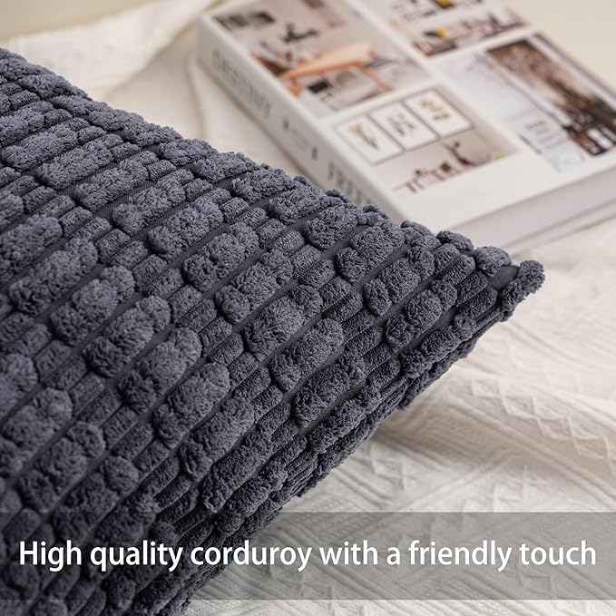 Pack of 2 Corduroy Decorative Throw Pillow Covers 12x24 Inch Soft Striped Pillow Covers Modern Farmhouse Home Decor for Sofa Living Room Couch Bed（Dark Grey）
