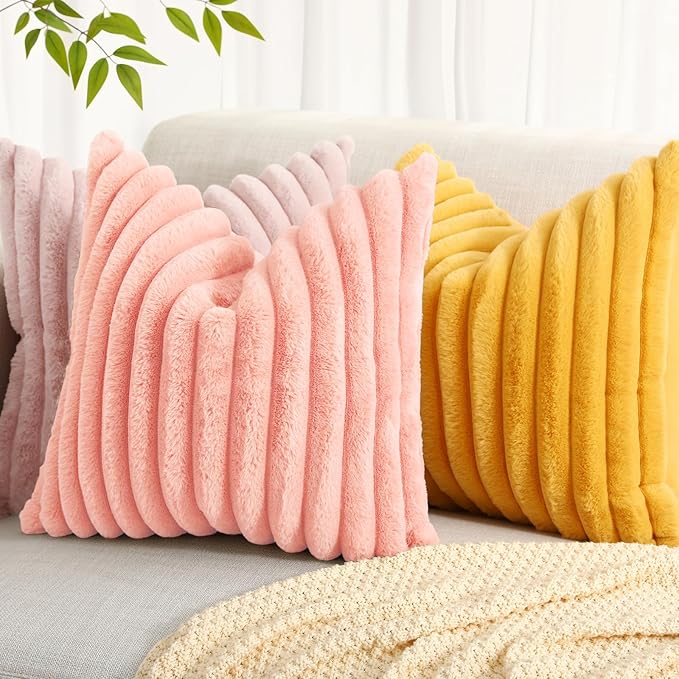 decorUhome Summer Cozy Faux Fur Throw Pillow Covers 12x20 Set of 2 Decorative Plush Striped Lumbar Modern Farmhouse Boho Couch Pillow Cases with Velvet Back for Sofa Bed Living Room, Blush Pink