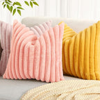 decorUhome Summer Cozy Faux Fur Throw Pillow Covers 24x24 Set of 2 Decorative Plush Striped Modern Farmhouse Boho Couch Euro Sham Pillow Cases with Velvet Back for Sofa Bed Living Room, Blush Pink