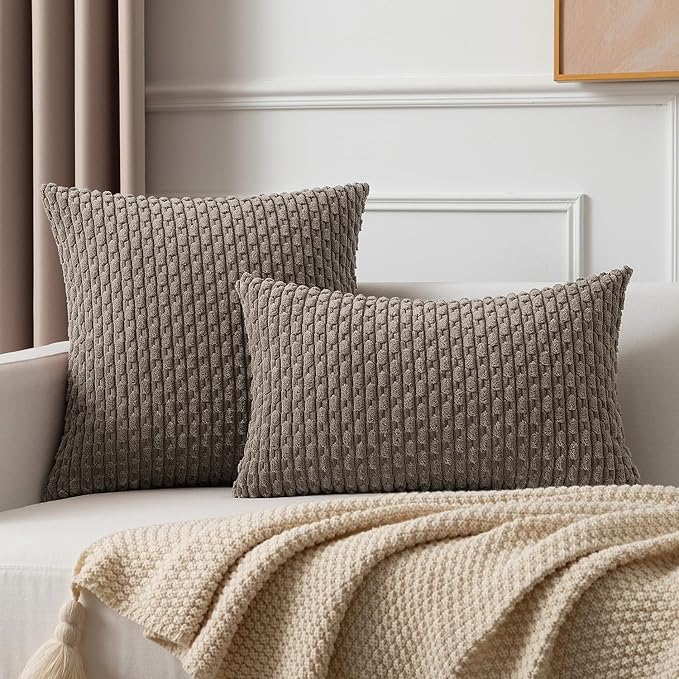 Kevin Textile 12x20 Inch Pillow Cover 1 Pack Boho Decorative Soft Striped Corduroy Lumbar Farmhouse Color Accent Rectangle Cushion Case for Living Room Couch Sofa Bed, Light Brown