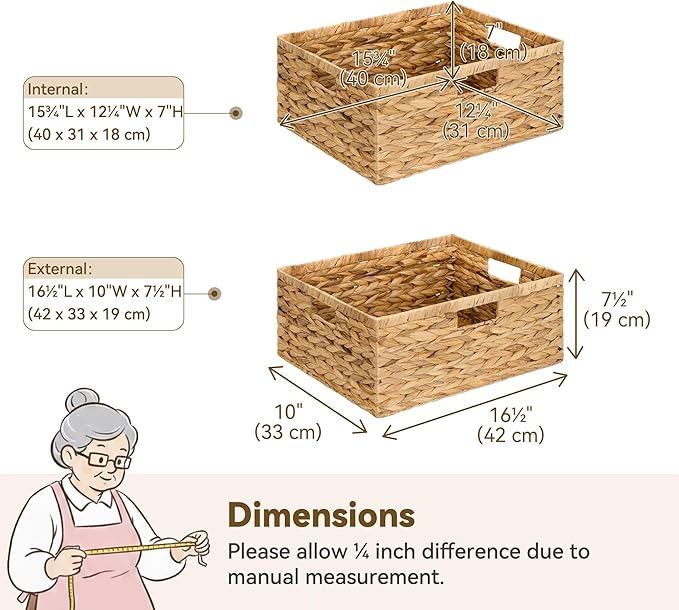 GRANNY SAYS Wicker Storage Baskets for Shelves, Water Hyacinth Wicker Basket, Large Woven Baskets for Storage, Rectangular Shelf Baskets with Handles for Pantry Shelves,1-Pack