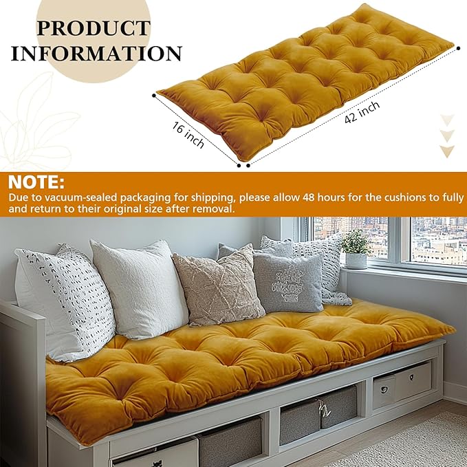 Bench Cushion for Indoor Furniture 42x16 in Velvet Thicken Indoor Window Seat Cushion, Soft Piano Sofa, Entryway Storage, Bay Window Tufted Patio Porch Swing Bench Pad Memory Foam(Turmeric)