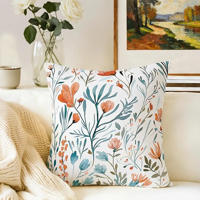 Turquoise Orange Floral Throw Pillows Covers 18x18 in Set of 2, Decorative Teal Orange Flower Square Pillowcase Pillowcovers for Couch Living Room Sofa Bedroom, Boho Cushion Covers, Spring Home Decor