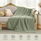 Amélie Home Chevron Chenille Knit Throw Blanket for Couch, Cozy Texture Decorative Soft Blanket for Sofa & Chair, 60"x80", Sage Green