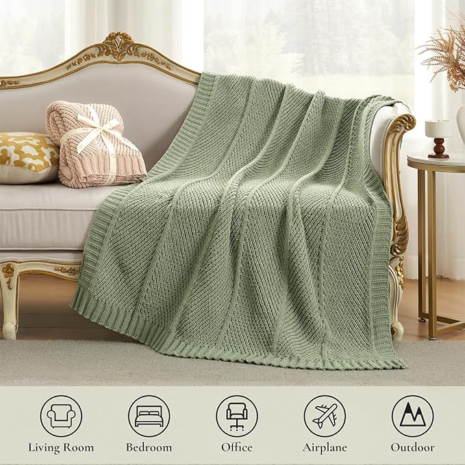 Amélie Home Chevron Chenille Knit Throw Blanket for Couch, Cozy Texture Decorative Soft Blanket for Sofa & Chair, 60"x80", Sage Green