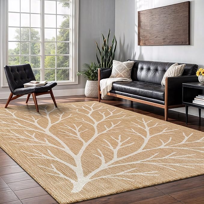 Washable Indoor Outdoor Rug 10x14 Modern Area Rugs Branch Pattern Non Shedding Waterproof Easy Clean Patio Deck Porch Living Room Bedroom Garden RV (10 X 14 Natural)
