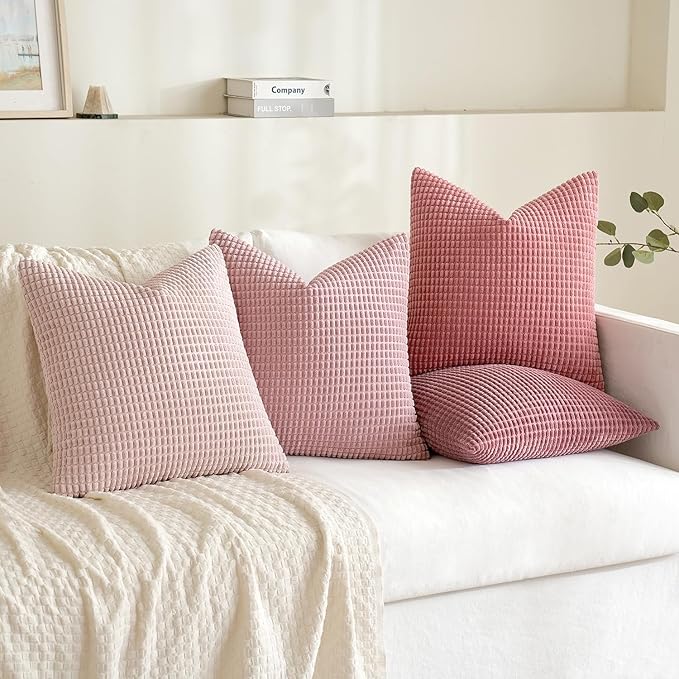 MIULEE Aesthetic Pink Spring Decorative Pillow Covers 18x18 Inch Set of 4 Valentine Romantic Sweet Cute Soft Throw Pillows Coquette Home Decor Corduroy Couch Pillowcases for Sofa Living Room Bed