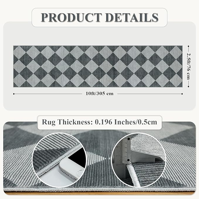 Beeiva Checkered Kitchen Runner Rug 2.5x10, Ultra Thin Washable Runners for Hallways Non Slip, Moroccan Trellis Print Non Shedding Kitchen Runner Rugs, Stain Resistant Blue/Grey Hallway Home Decor