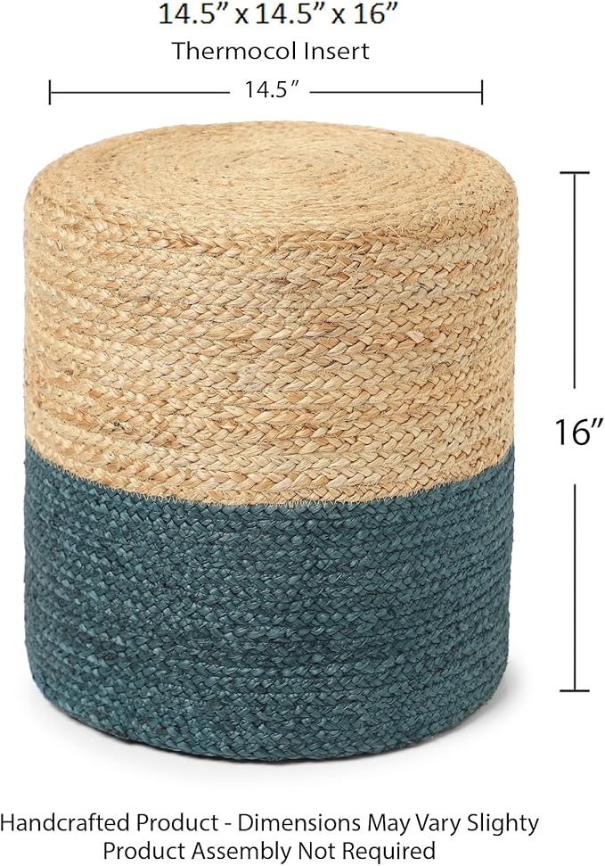 REDEARTH · Cylindrical Pouf Foot Stool Ottoman - Jute Braided Pouffe Poof Accent Sitting Footrest for Living Room, Bedroom, Nursery, Patio, Lounge Set of 2 (Natural Teal, 14.5"X14.5"X16")