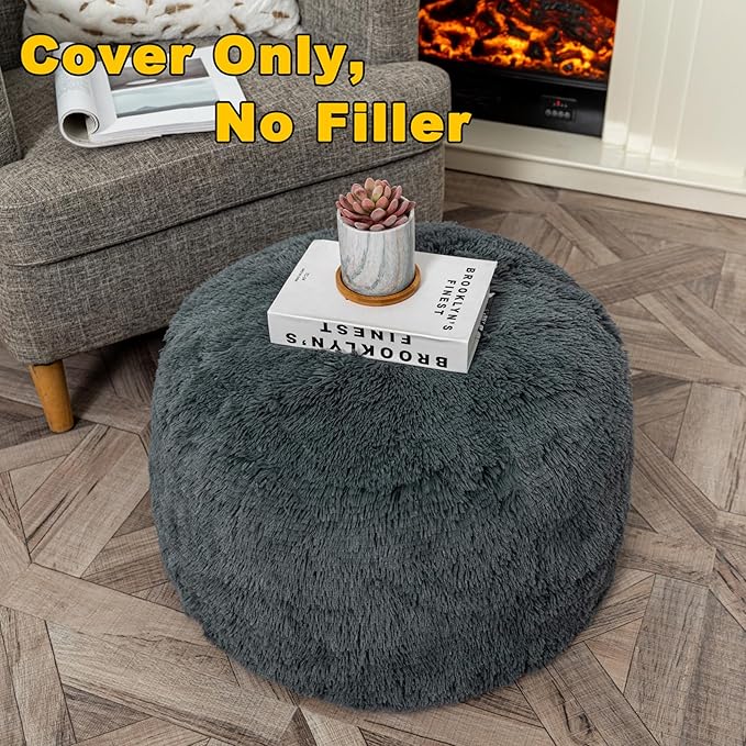 Fur Ottoman Stool Unstuffed Footstool Cover Floor Pouf NO Filler Foot Rest 20x12 In Round Poof Seat Bean Bag Chair Foldable Storage for Living Room Bedroom Cover ONLY Dark Gray