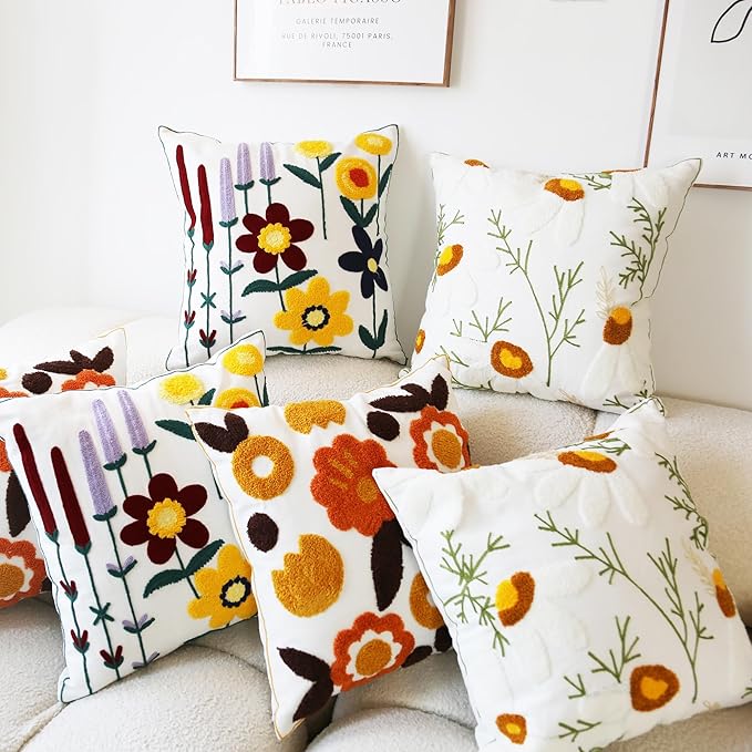 2PCS Embroidered Throw Pillow Cover 18x18 Inch Boho Beige Daisy Floral Pillow Covers for Couch Sofa Cotton Linen Bohemian Tufted Pillow Covers White Flowers Botanical Pillowcase Covers