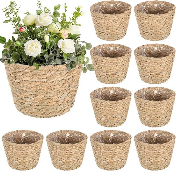 10 PCS Seagrass Plant Baskets with Plastic Liners, Woven Planter Basket Set for Indoor and Outdoor Plants, Wicker Flower Pot Covers Plant Container sand Storage Baskets for Home and Farmhouse Decor