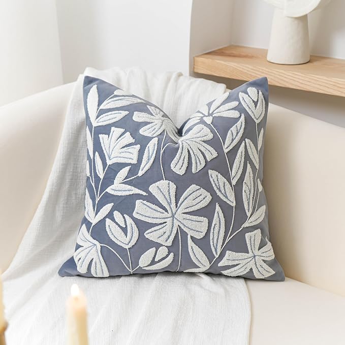 BlissBlush 20x20 Throw Pillow Cover, Grayish Blue Square Decorative Cushion Cover for Couch Sofa, Floral Tufted Embroidered Velvet Farmhouse Accent Pillowcase (Cover Only)