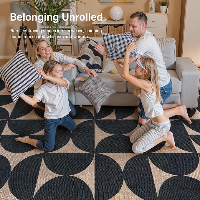 Lahome Modern Geometric Easy Jute Entryway Rug 3x5, Indoor Outdoor Washable Rug for Living Room, Neutral Semi-Circle Black Carpet for Dining Room Patio Front Door