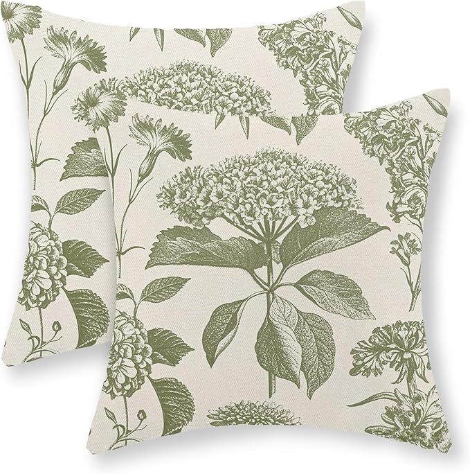 Sage Green Pillow Covers 20x20 Set of 2 Boho Floral Hydrangea Herbs Botanical Throw Pillow Cover Outdoor Decoration Pillow Cases Vintage Flower Linen Cushion Case Decorative for Couch Sofa