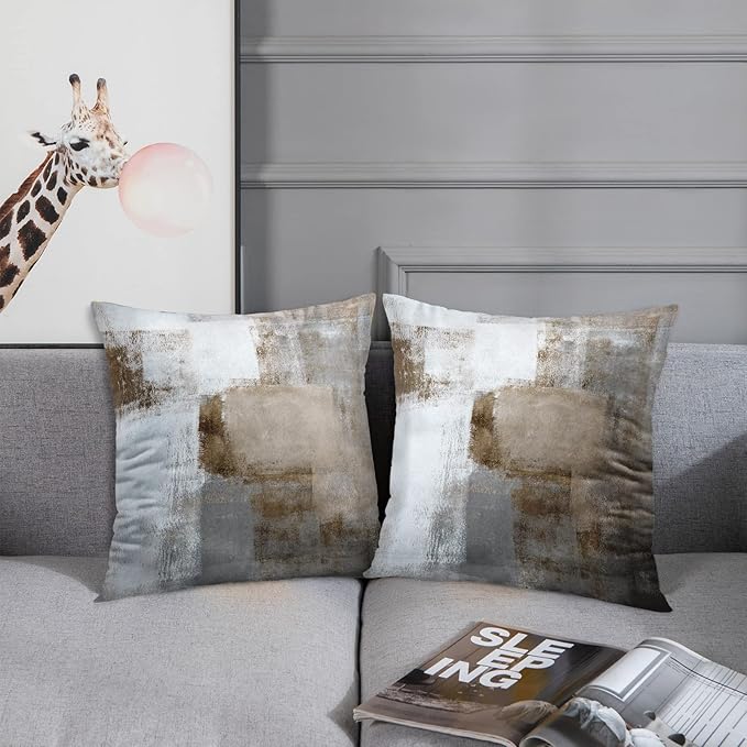 Britimes Throw Pillow Covers Modern Home Art Decor, 20 x 20 Inches Set of 2 Abstract Oil Painting Pillowcases for Bedroom, Living Room, Cushion Couch Sofa, Beige Home Grey Brown