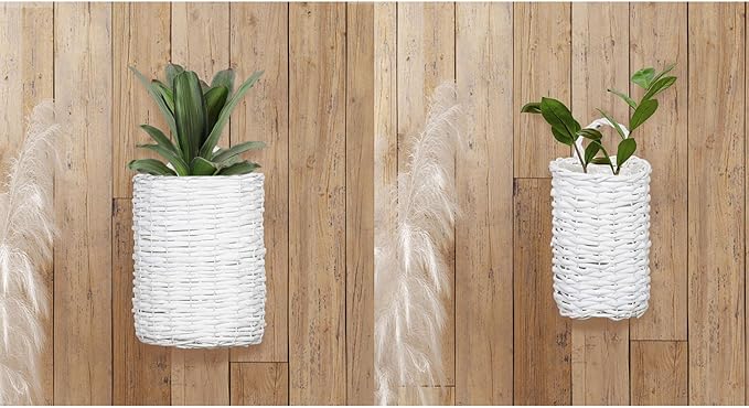 AuldHome Design Wall Hanging Baskets (White, Set of 2); Woven WIcker Rustic Farmhouse White Washed Door Baskets, Small and Medium Size (Pack of 2)