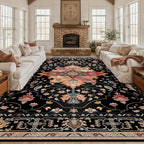 Area Rugs 10'x12' Washable Non-Slip, Floral Vintage Distress Print Pattern Medallion Carpet for Living Room Bedroom Dining Room, Black Colorful Floral Dark Tan