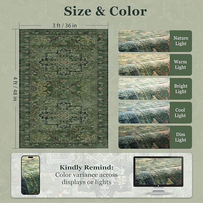 Dark Green 3x4 Rugs for Entryway Indoor, Distressed Medallion Door Mat Indoor Entrance, Washable Non Slip Low Pile Thin Small Carpet Rug for Kitchen/Bedroom/Bathroom/Laundry Room