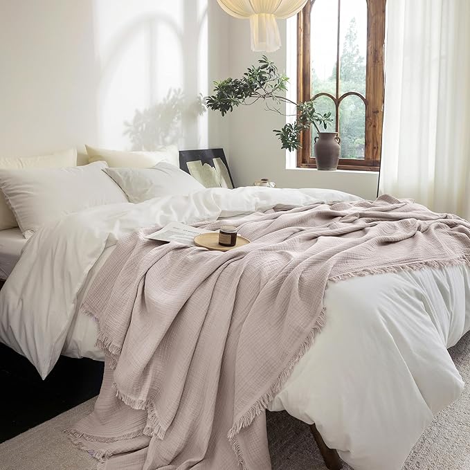 FOSSA Muslin Blanket with Fringe - 4-Layer 100% Cotton Gauze Super Soft & Breathable Throw -Lightweight Decorative Cooling Blanket for Bed, Sofa, Office (Greyish Pink, Throw XL (50" × 70"))