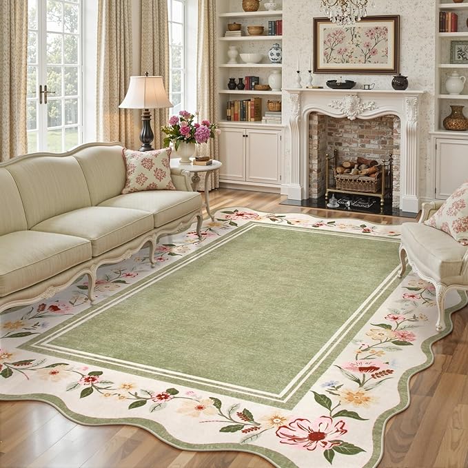 Lahome Scalloped Rug Green Living Room Rugs 8x10,Non-Slip Soft Bedroom Rugs Stain Resistant, Floral Bedroom Rug 8x10 Under Bed Carpet for Nursery Playroom Dining Room Ariele