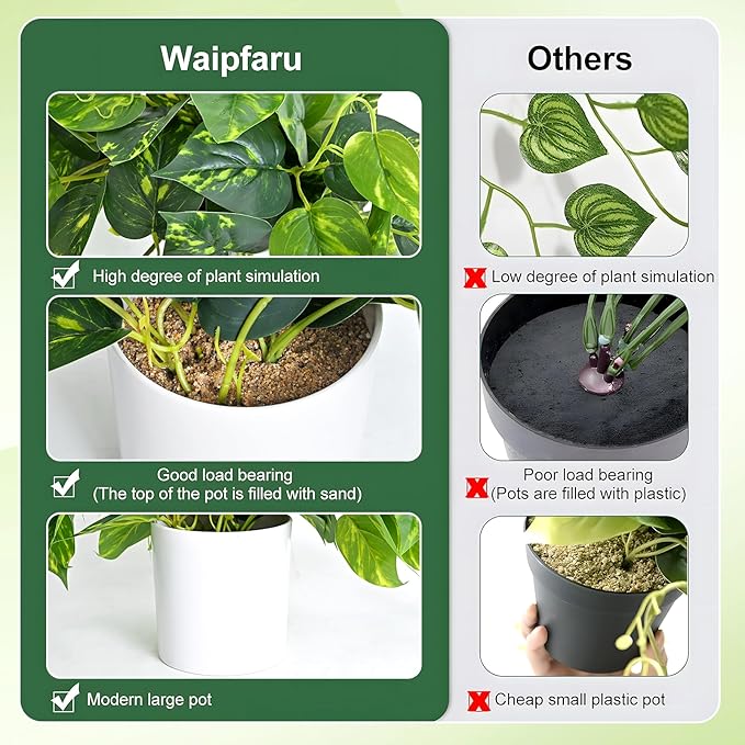 Waipfaru Fake Plants Artificial Plants Indoor, Realistic Artificial Hanging Fake Pothos with Plastic Pots, Faux Pothos for Home Shelf Bathroom Kitchen Office Indoor Outdoor Decor