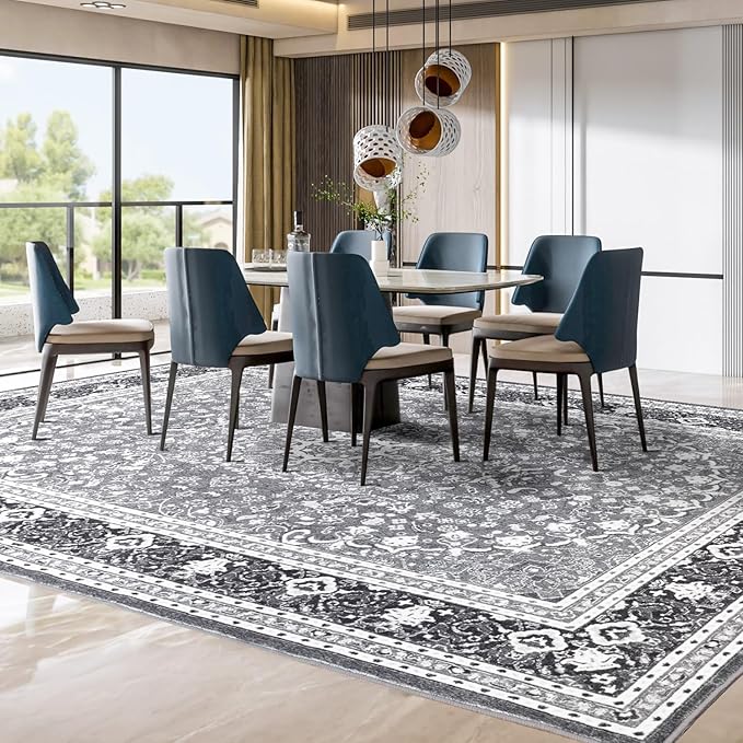 Lessymo 8 x 10 Area Rugs for Living Room, Machine Washable Area Rugs Boho Faux Wool Low Pile Area Rug for Bedroom, Floral Medallion Vintage Rugs with Non-Slip Rubber, Kid & Pet Friendly,Grey White