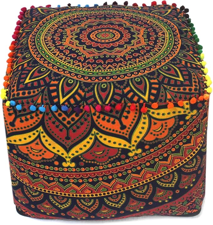CRAFT KALA Square Mandala Floor Pillow Cushion Cover Seating Throw Cover Hippie Decorative Bohemian Ottoman Poufs Cover Pom Pillow Cases Cotton Living Room Home Décor 16X16X14 inches, New Blue Ombre