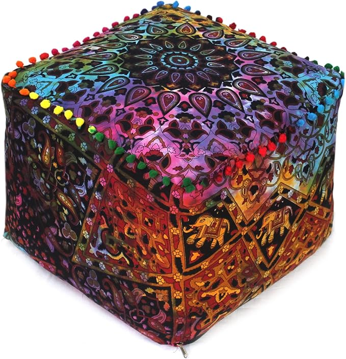 CRAFT KALA Square Mandala Floor Pillow Cushion Cover Seating Throw Cover Hippie Decorative Bohemian Ottoman Cover Poufs Pom Pillow Cases Boho Cotton Living Room Home Décor 22X22X14 inches, Multi Star