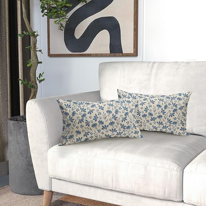 Light Blue Floral Pillow Covers 12x20 Set of 2 Vintage Rustic Old Style Cute Small Flower Blue Cream Print Decorative Outdoor Pillowcases Farmhouse Throw Cushion Case Decor for Couch Sofa Bed