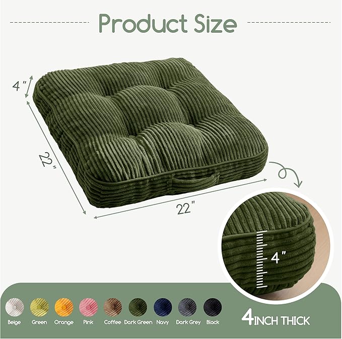 HIGOGOGO Floor Pillow Cushion for Adults, Meditation Cushion Pillow, Large Square Floor Sitting, Tufted Corduroy Cover, for Tatami Living Room or Yoga, 22x22 Inch, 2Pack, Dark Green
