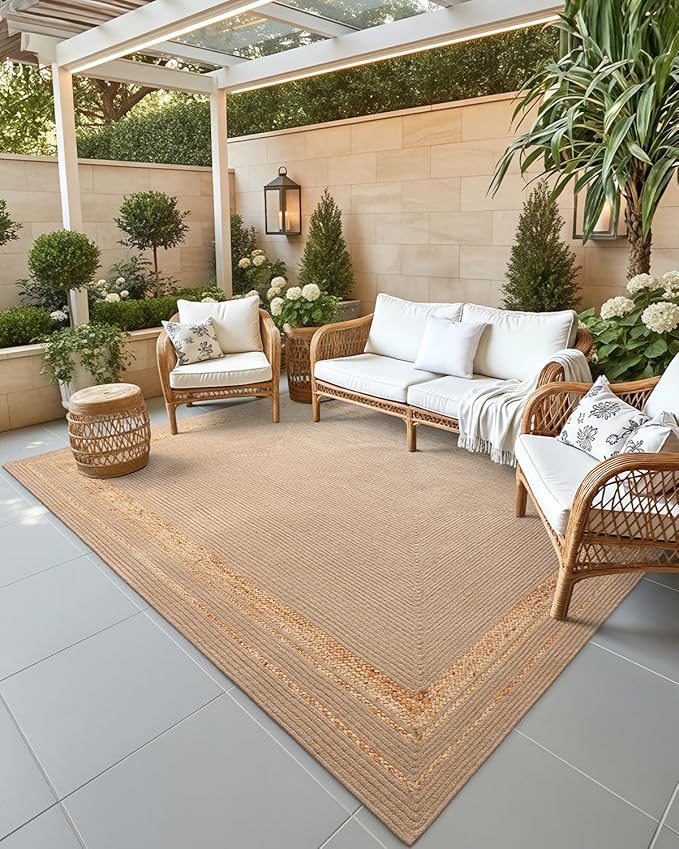 DEXI Jute Rug Natural Fiber 8x10, Braided Woven Area Rugs No Shed, Large Soft Neutral Rustic Carpet Mat for Indoor Entryway Outdoor Patio Dining Living Room Bedroom Farmhouse, Beige/Natural