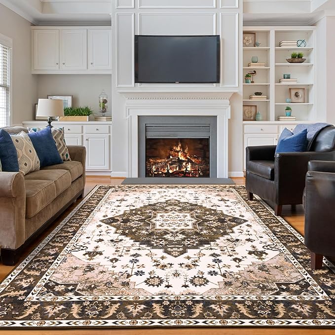 Amearea Vintage Design Area Rugs for Living Room, 6x9 Machine Washable Floral Collection Traditional Bedroom Rug, Low Pile Cute Kids Room Print Carpet, No Slip Office Kitchen Home Decor, Brown