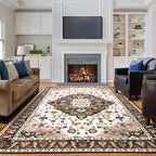 Amearea Vintage Design Area Rugs for Living Room, 8x10 Machine Washable Floral Collection Traditional Bedroom Rug, Low Pile Cute Kids Room Print Carpet, No Slip Office Kitchen Home Decor, Brown