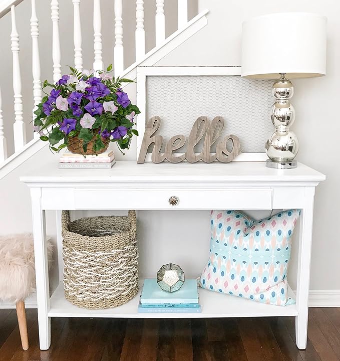 Briful Artificial Flower Arrangement with Rattan Basket Fake Potted Morning Glory Silk Flowers Faux Flower Table Centerpiece for Home Office Bathroom Wedding Farmhouse Decor(Pale Purple)