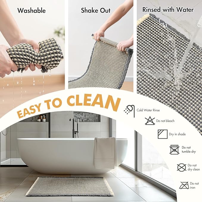 MIULEE Set of 2 Waffle Bathroom Rugs, Boho Bath Rugs Non Slip Washable, Super Absorbent Bath Mats, Ultra Soft Rubber Backed Shower Mats for Bathroom Floor, Tub, Dark Grey & Yellow, 18x30 Inch