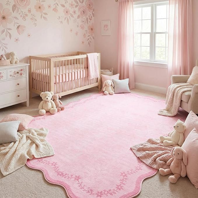 GarveeHome 4x6 Pink Valentines Scalloped Washable Area Rug for Girls Bedroom, Solid Floral Soft Nursery Rug Non Slip Low Pile Small Carpet Stain Resistant Throw Rug for Dorm Kids Room Dining Room