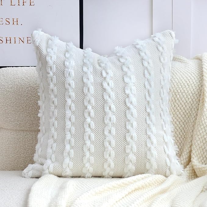 18x18 Boho Pillow Cover - Chenille Tufted Decorative Throw Pillow Cover Soft Velvet Backing, Farmhouse Striped Square Accent Pillow Case for Sofa, Couch, Bedroom, Living Room, White