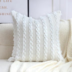 18x18 Boho Pillow Cover - Chenille Tufted Decorative Throw Pillow Cover Soft Velvet Backing, Farmhouse Striped Square Accent Pillow Case for Sofa, Couch, Bedroom, Living Room, White