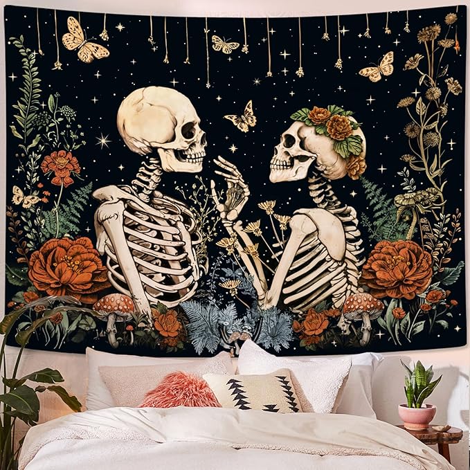 Wegklazax Floral Skeleton Lovers Tapestry Aesthetic Skull Gothic Tapestry for Bedroom The Lovers Wall Hanging for Bedroom Living Room Skull2 44×60 Inches