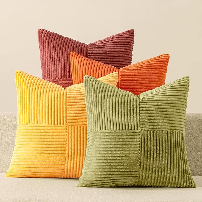 MIULEE Yellow Orange Rust Throw Pillow Covers 20x20 Inch 4 Packs Boho Farmhouse Decorative Color-Clash Pillow Cases Soft Cushion Cases for Couch Sofa Bed Corduroy Striped Home Decor