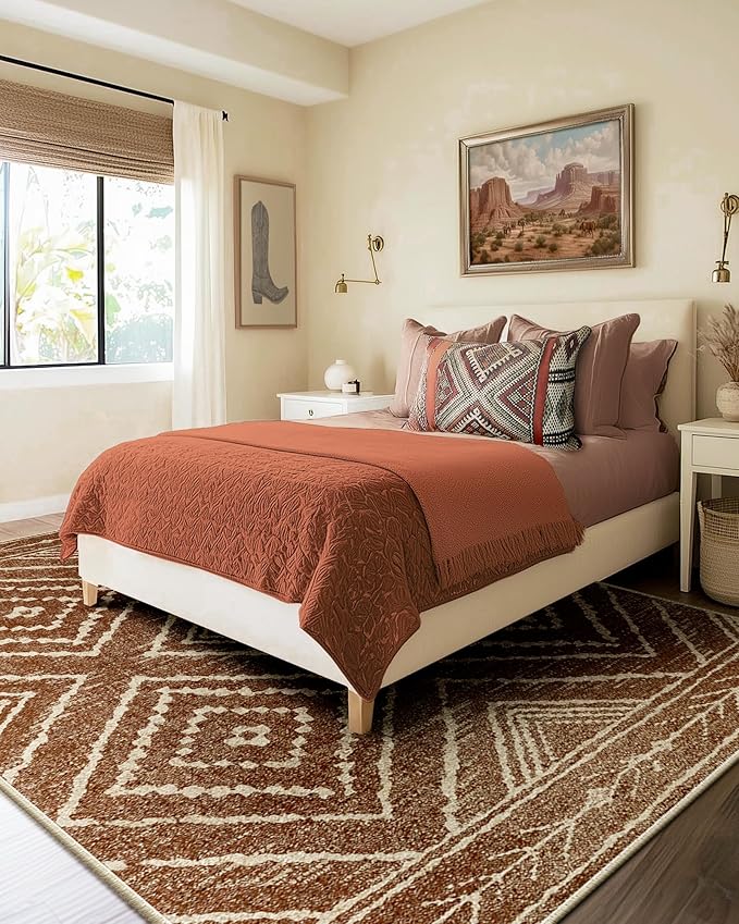 Area Rug 9x12 Rug Machine Washable Non-Slip Low Pile Print Pattern Western Rug for Living Room Bedroom Entryway Tribal Series -Yellowbrown/Cream