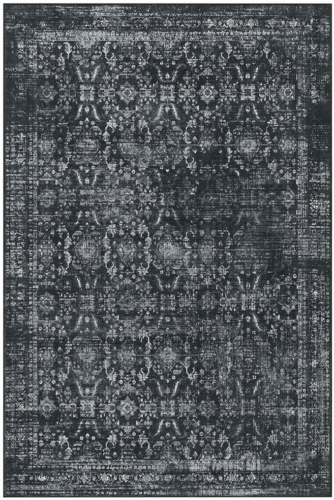 10x14 Area Rugs for Living Room Bedroom, Large Washable Rug, Black Vintage Floral Boho Rug, Non Slip & Low Pile Faux Wool Thin Carpet for Indoor Dining Room and Kids Room(Black 10x14ft)