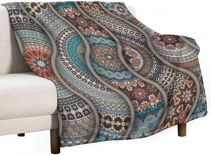 Colorful Bohemian Throw Blanket Vintage Floral Mandala Flower Aztec Boho Blanket for Sofa Bed Couch Chair Or Dorm 50"x60"