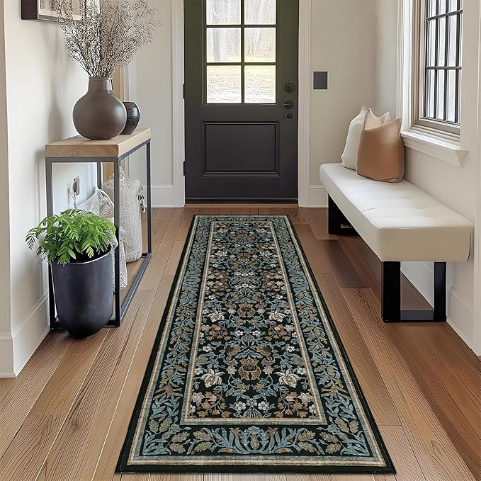 GarveeHome Kitchen Runner Rug 2.5x8 Runner Rug Non Slip Washable Runners for Hallways, Boho Vintage Rugs with Rubber Backing Soft Low-Pile Indoor Carpet for Entryway Bedroom Blue Black